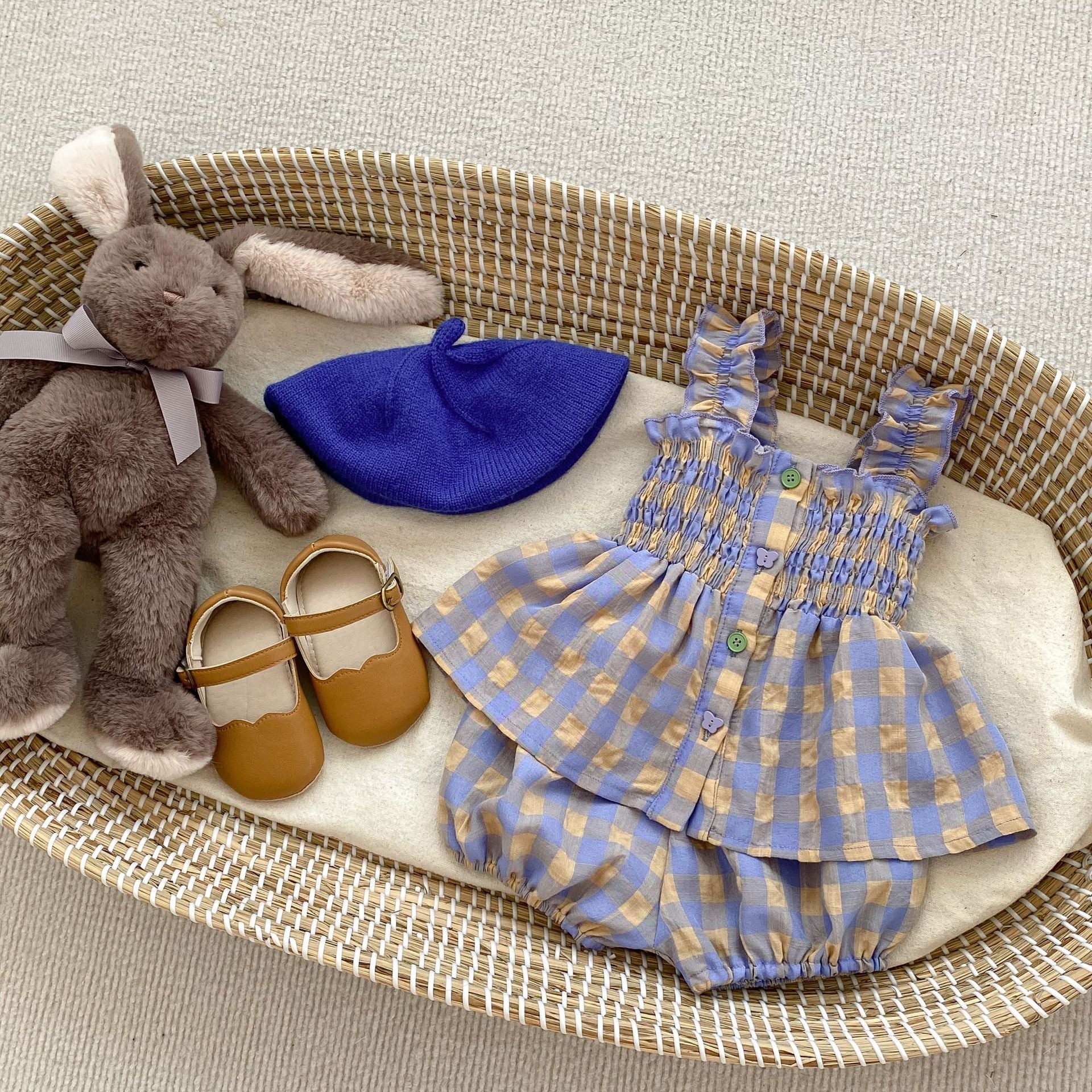 Charming Summer Girls' Plaid Outfit Set - Sleeveless Babydoll Top + Bloomer Shorts Two-Piece Set