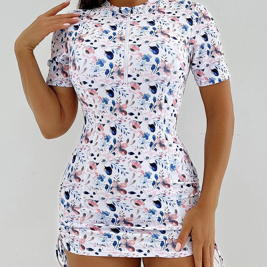 Tight Fit Swimwear with Zipper and Printed Short Sleeve Bikini One-Piece Swimsuit with Brief Bottoms