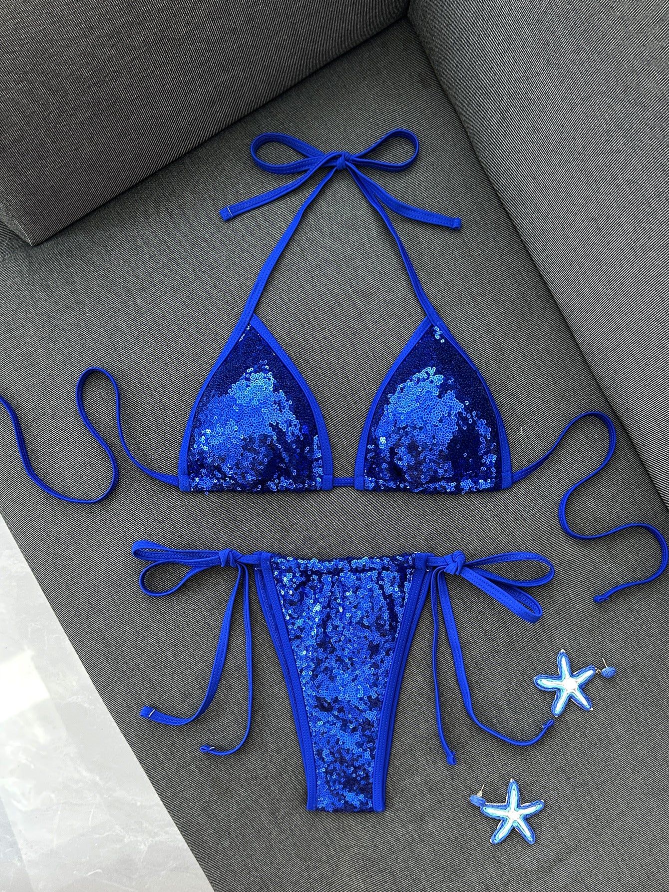 Blue sequined bikini women's triangular cup hanging neck strap sexy swimsuit set
