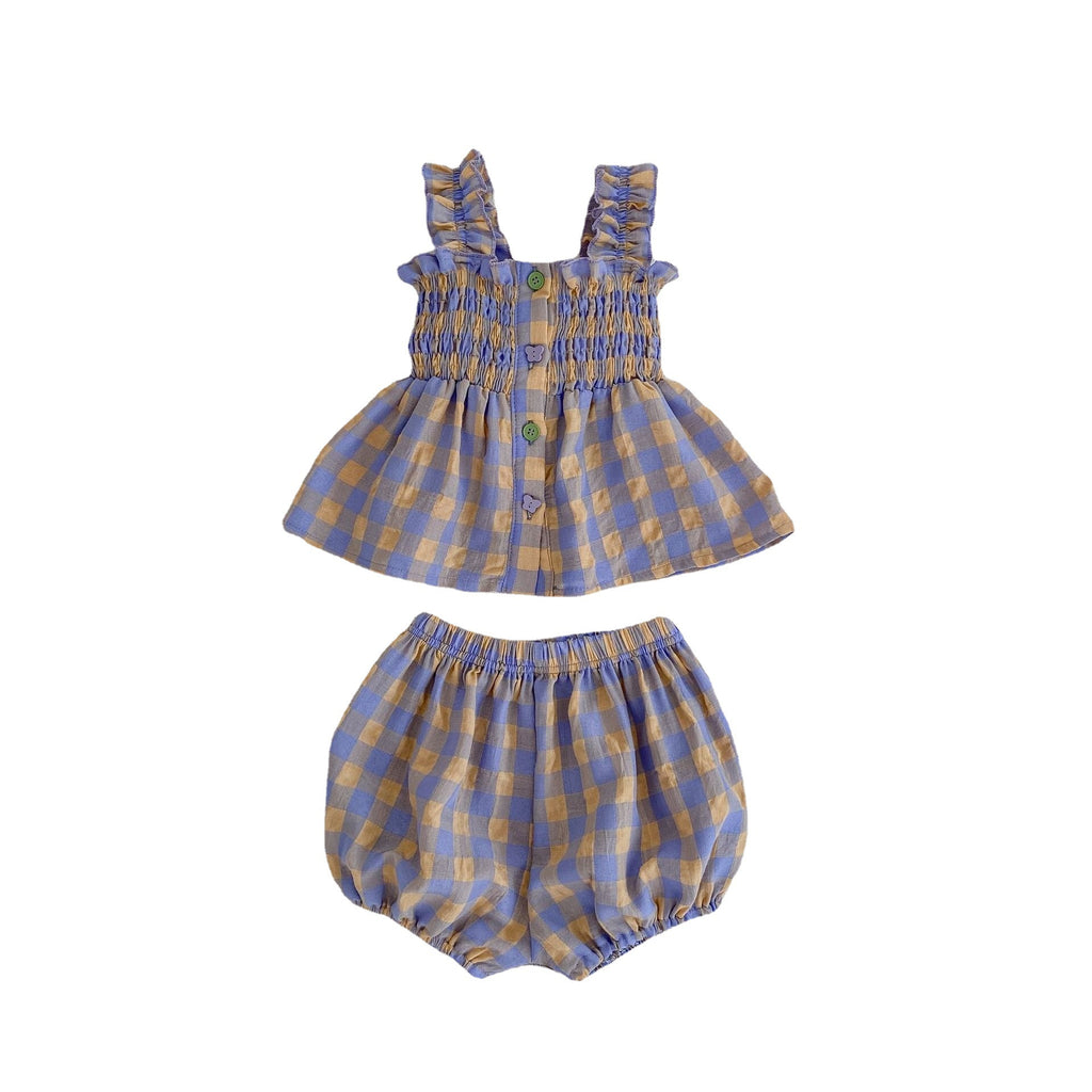 Charming Summer Girls' Plaid Outfit Set - Sleeveless Babydoll Top + Bloomer Shorts Two-Piece Set