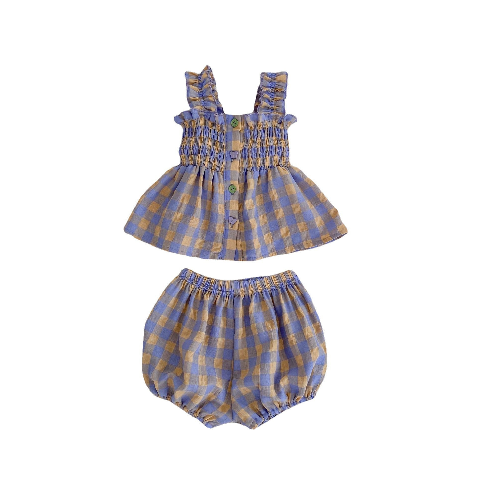 Charming Summer Girls' Plaid Outfit Set - Sleeveless Babydoll Top + Bloomer Shorts Two-Piece Set