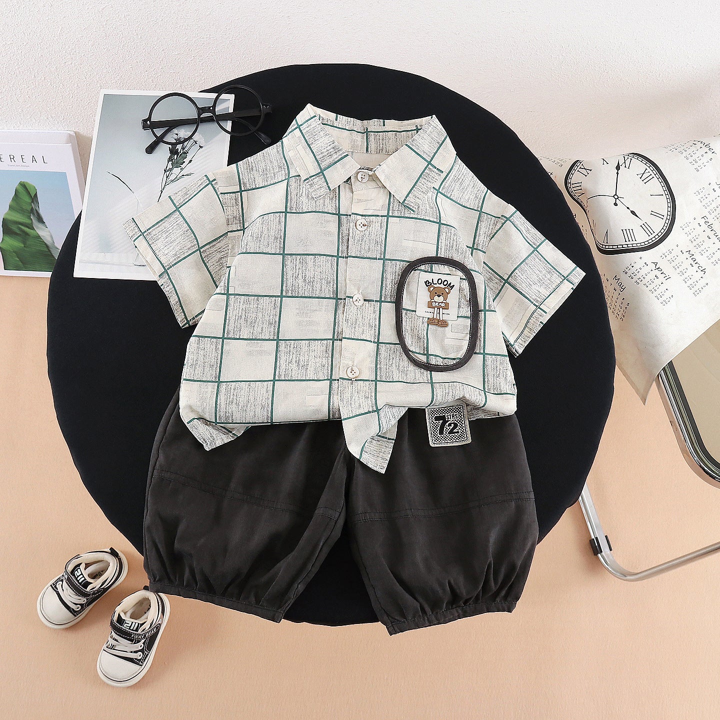Short sleeved pocket striped top short sleeved set