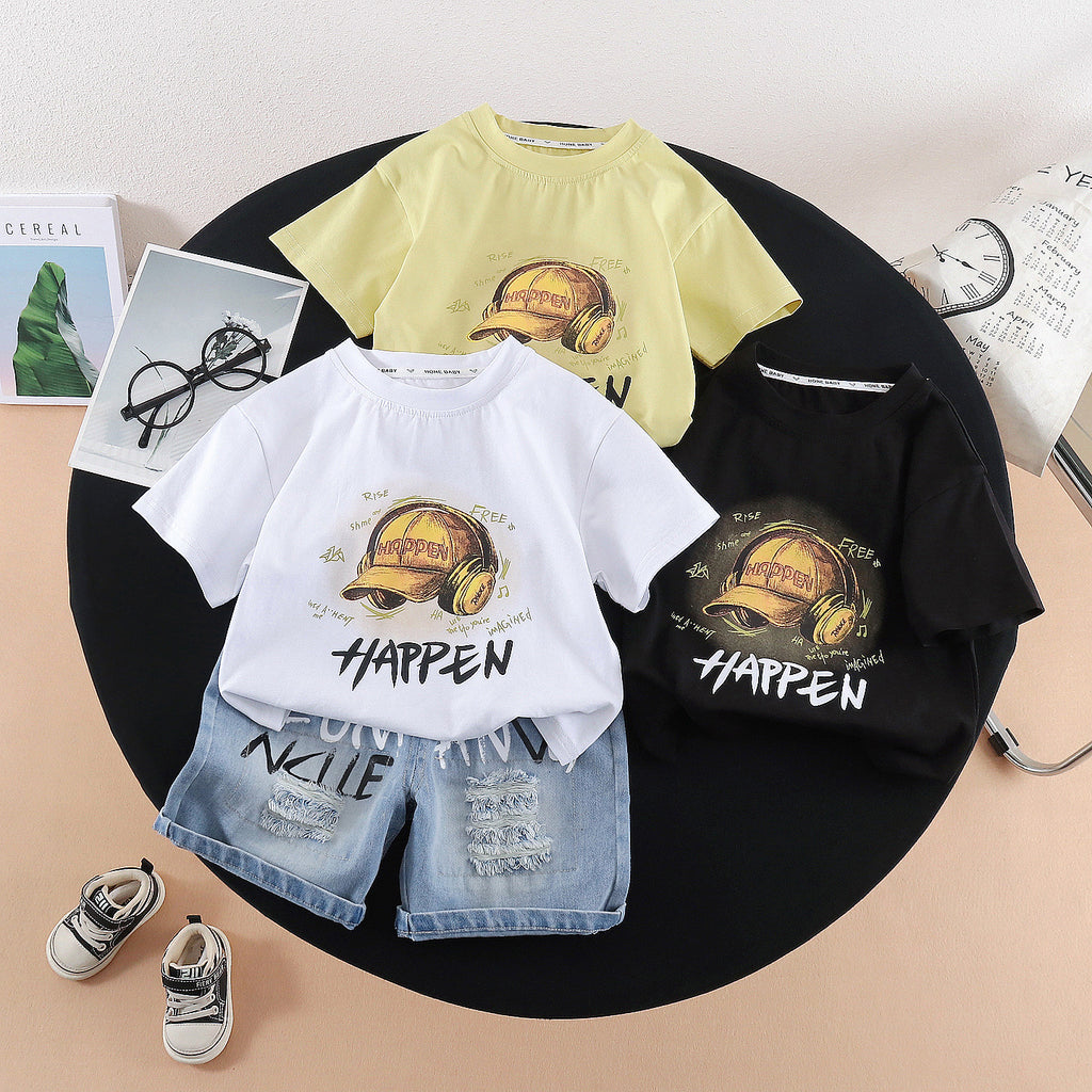 Round neck short sleeved top denim suit