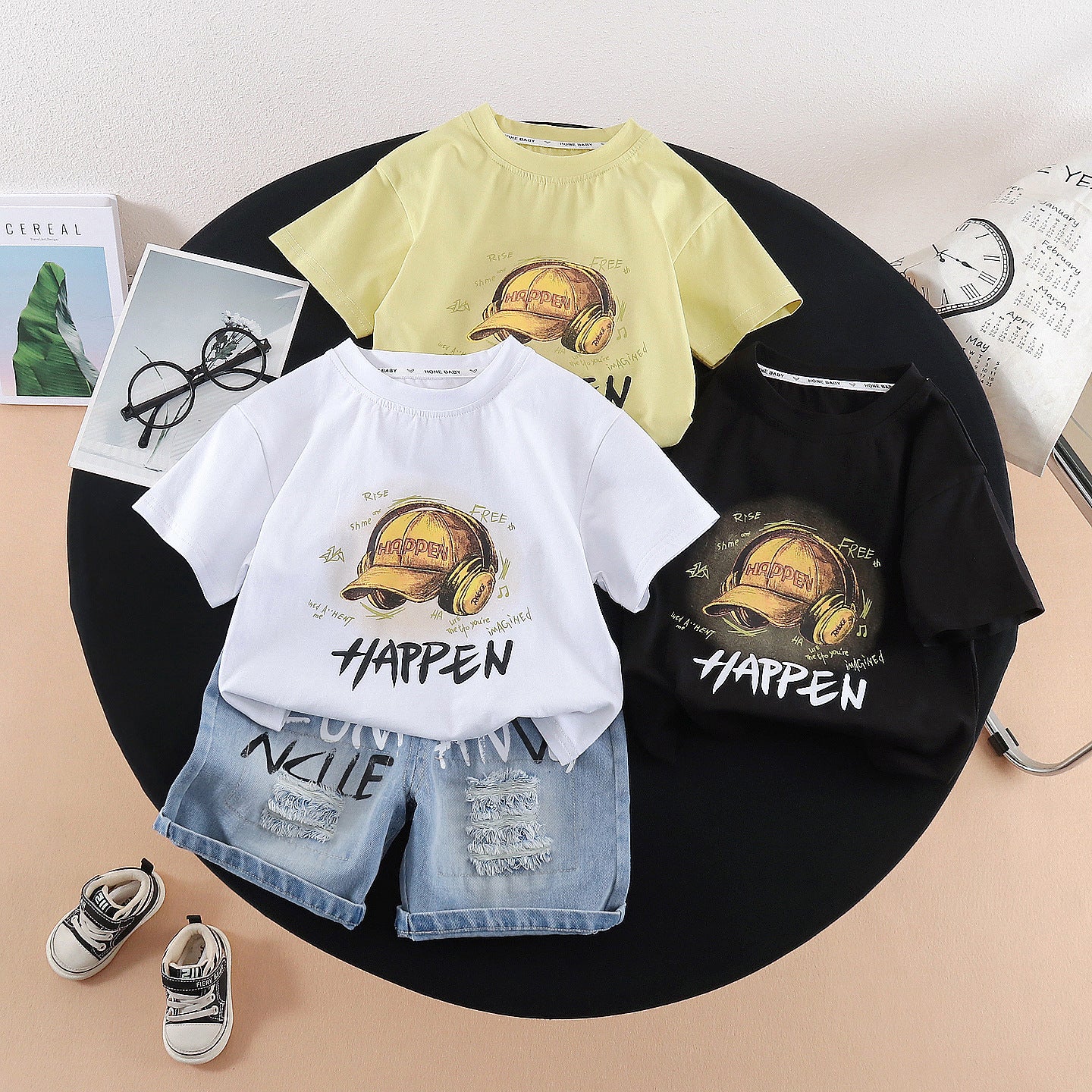 Round neck short sleeved top denim suit