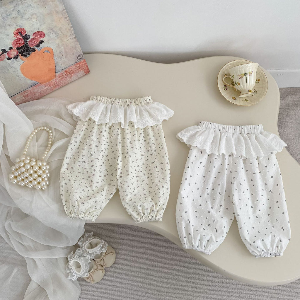 Girls Summer Floral Mosquito-Proof Pants, Elastic Cuff Lantern Pants, Lightweight Air-Conditioned Trousers