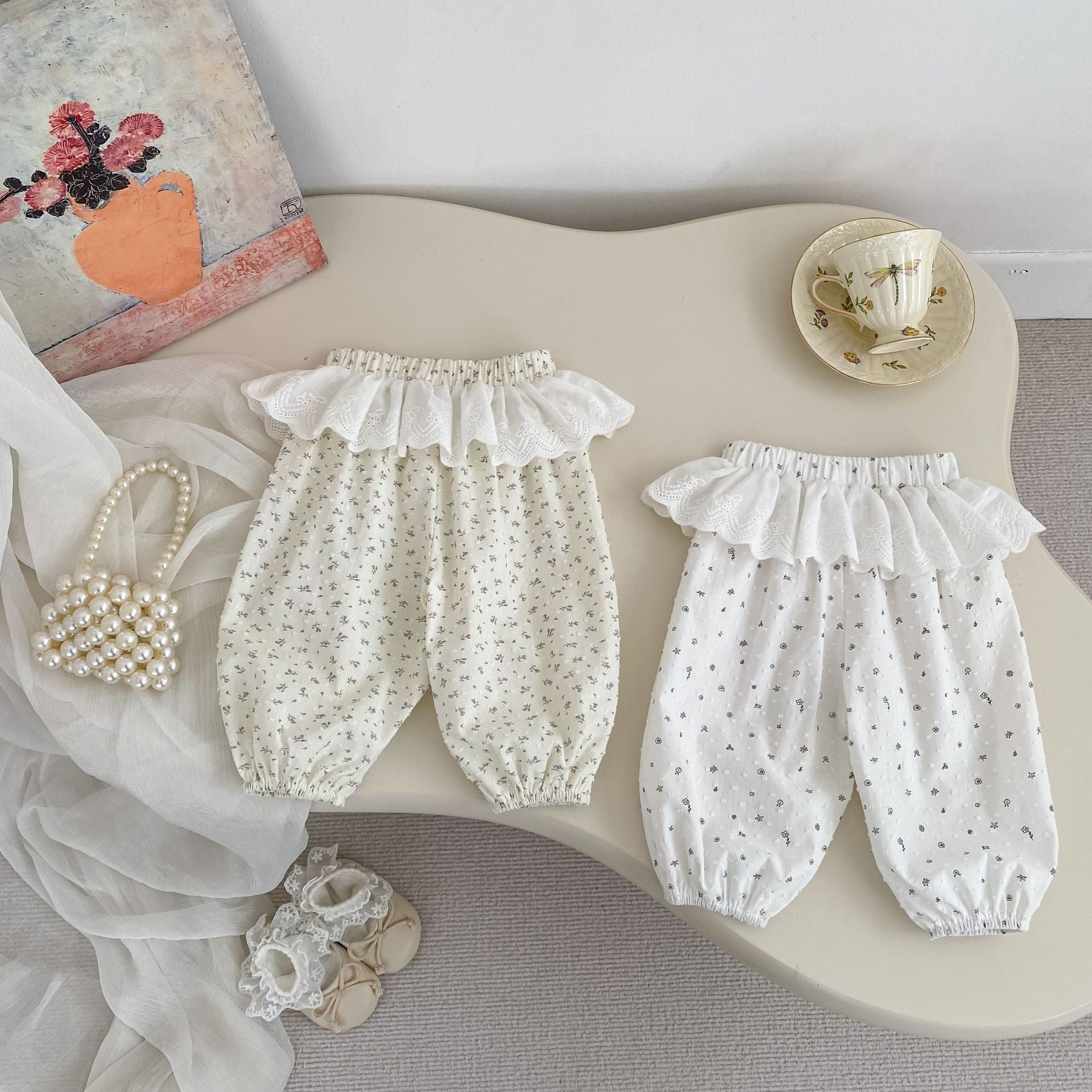 Girls Summer Floral Mosquito-Proof Pants, Elastic Cuff Lantern Pants, Lightweight Air-Conditioned Trousers