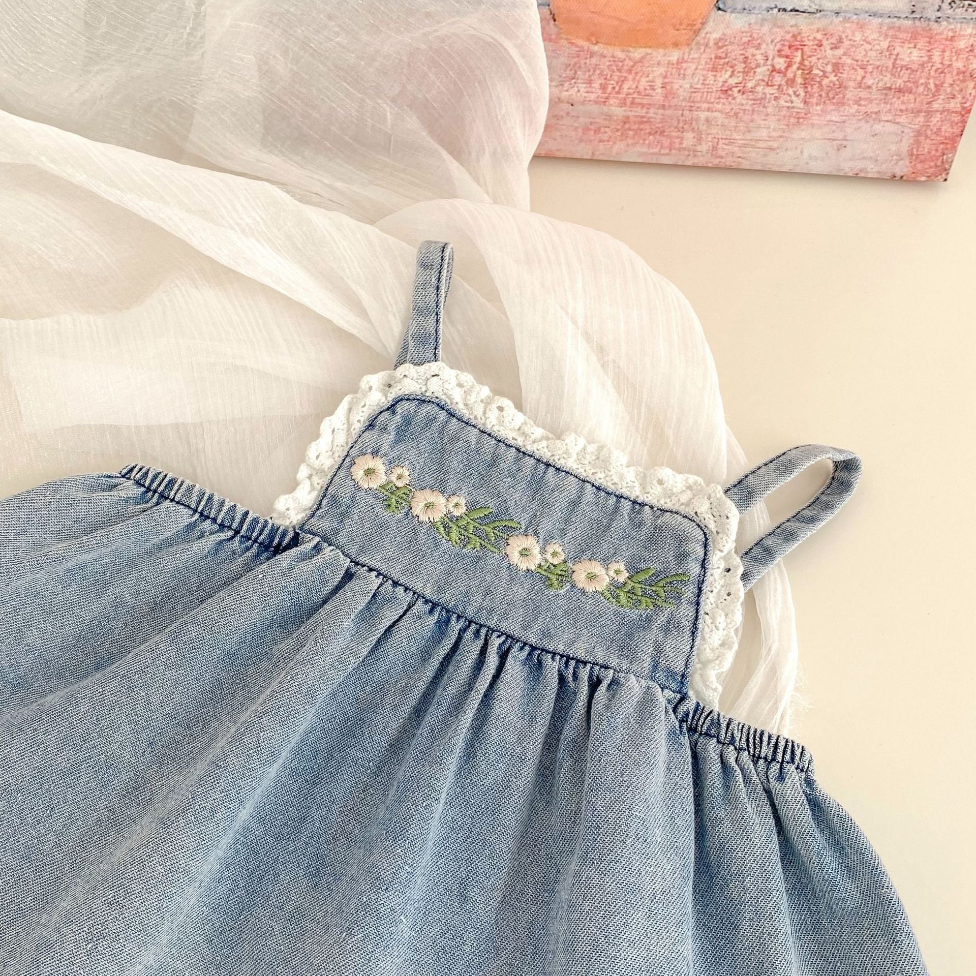 Cute Floral Embroidered Strap Top + Straight Leg Wide Leg Pants Two-Piece Set for Girls Summer Fashion Denim Outfit