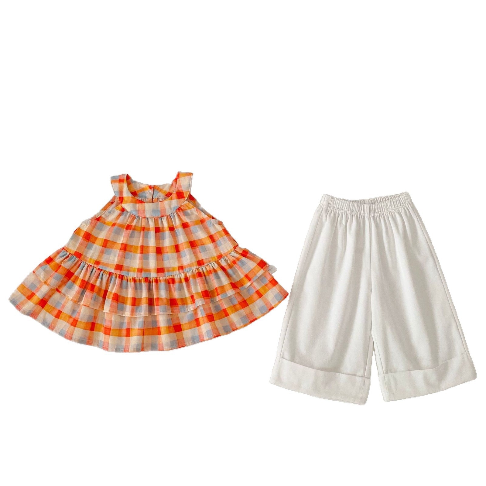 Cute Summer Plaid Sleeveless Vest Top and Solid Color Wide Leg Pants Two-Piece Set for Girls Casual Sweet Outfit