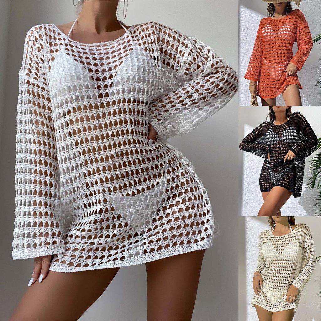 Sexy Knit Hollow Out Pullover Round Neck Long Sleeve Bikini Swimwear Cover-Up