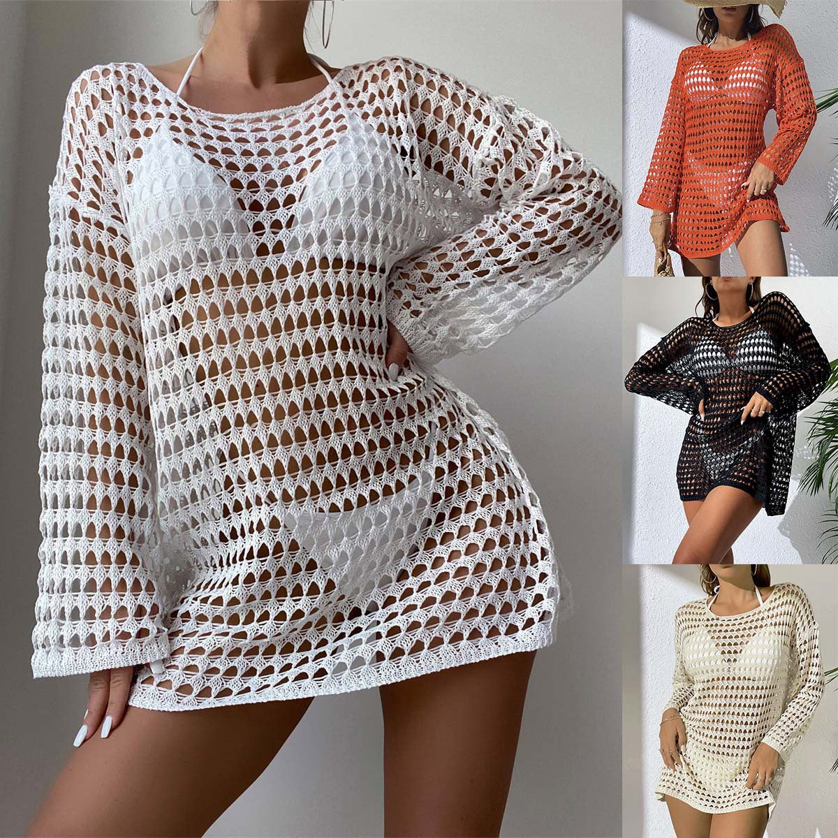 Sexy Knit Hollow Out Pullover Round Neck Long Sleeve Bikini Swimwear Cover-Up