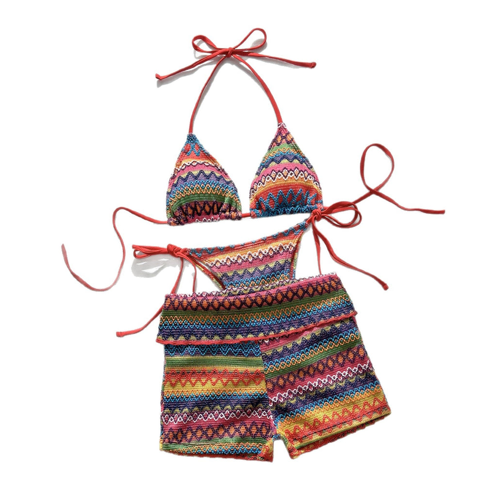 Knitted three piece swimsuit women's neck hanging colorful bikini swimsuit