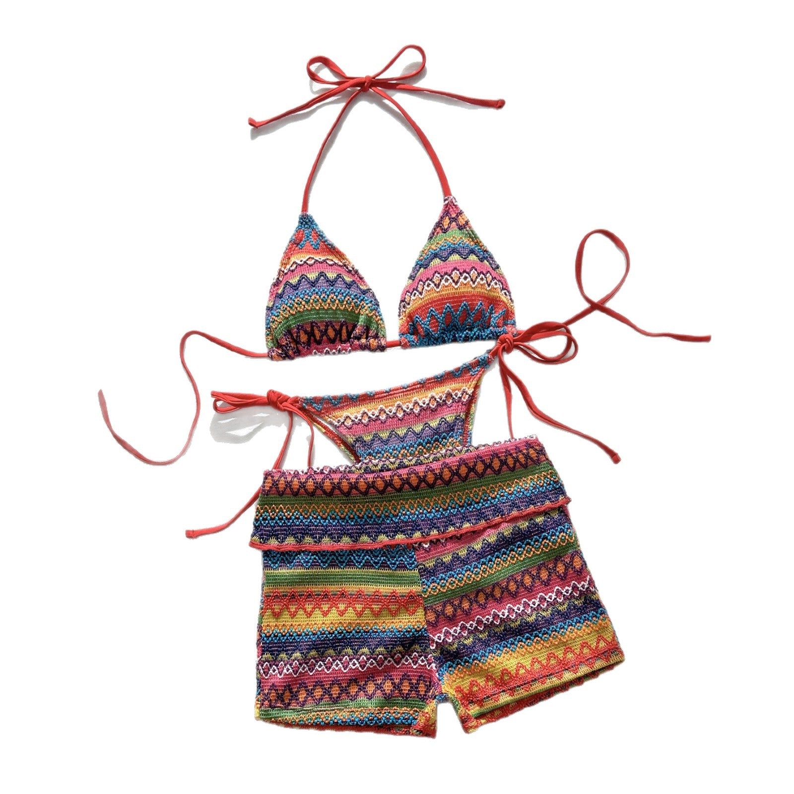 Knitted three piece swimsuit women's neck hanging colorful bikini swimsuit