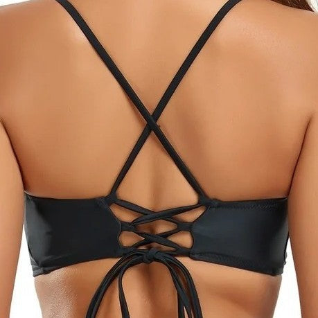Bikini Set Black Backless Swimwear Solid Color Two-Piece Swimsuit