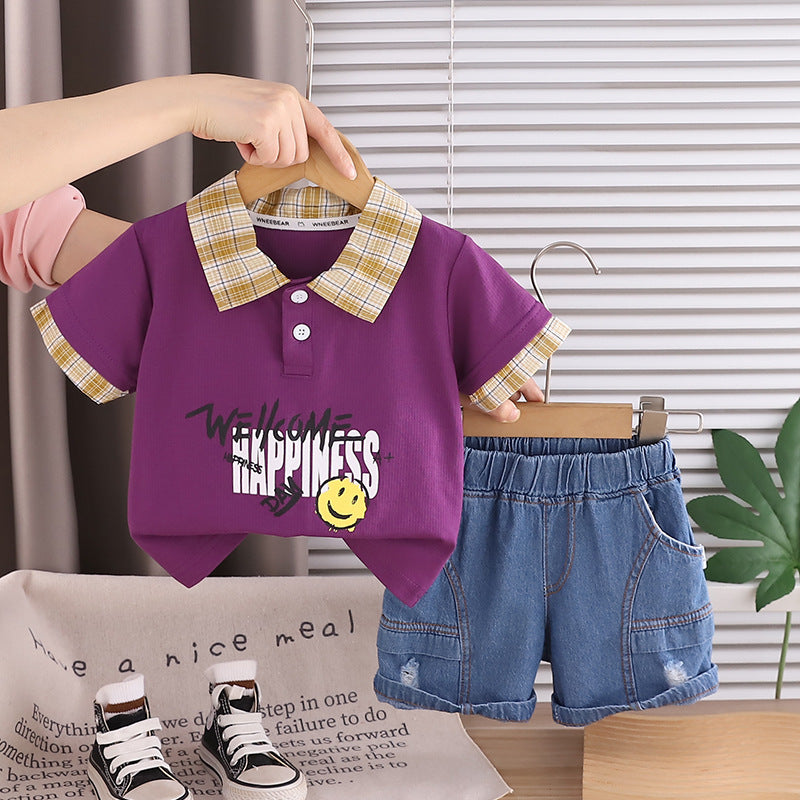 Cartoon round neck short sleeved top and shorts set