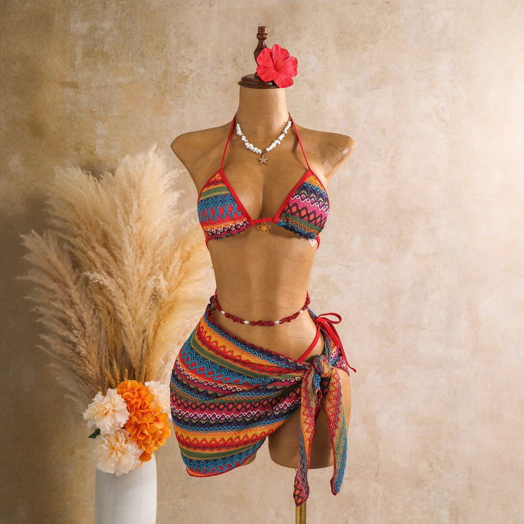 Knitted three piece swimsuit women's neck hanging bikini beach vacation sexy swimsuit