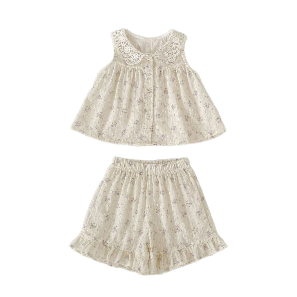 Floral Print Set for Girls Summer Lace Collar Baby Doll Shirt Ruffle Shorts Two-Piece Outfit