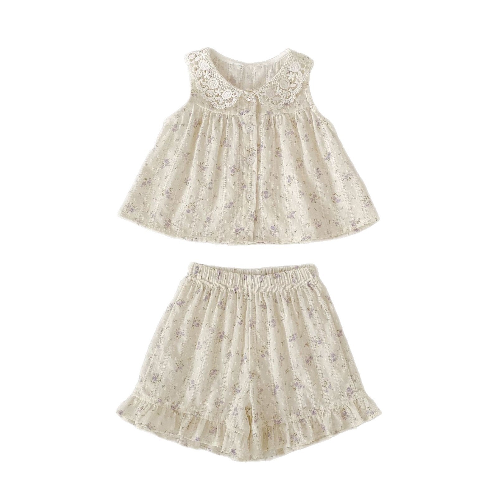 Floral Print Set for Girls Summer Lace Collar Baby Doll Shirt Ruffle Shorts Two-Piece Outfit
