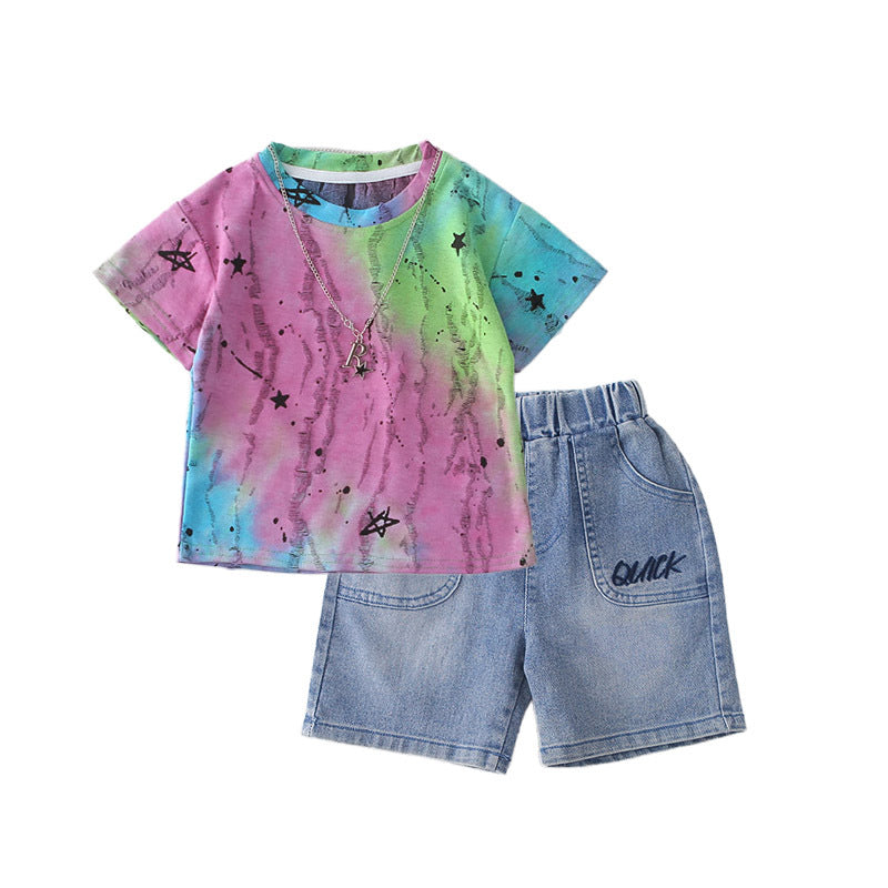 Short sleeved ripped tie dye round neck top and shorts set