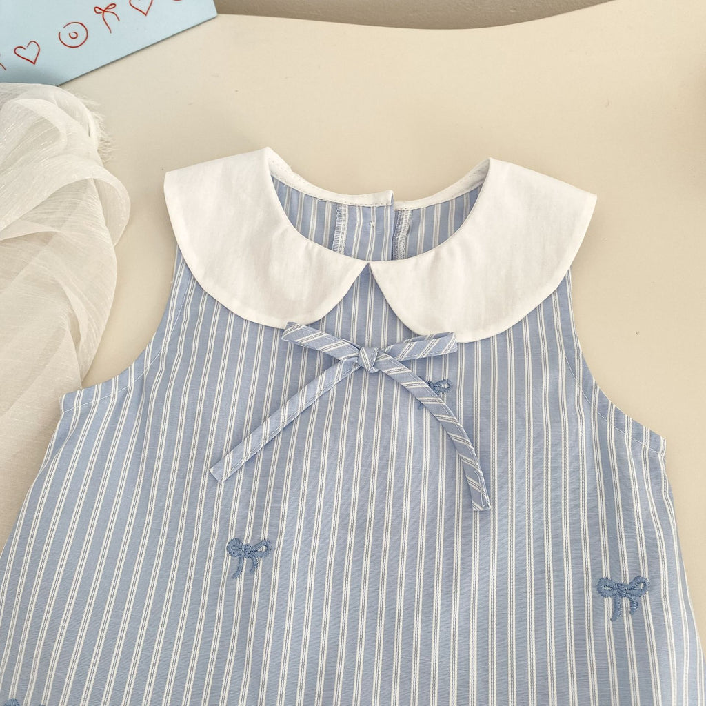 Cute Striped Sleeveless Dress with Bow Embroidery and Bloom Style for Girls, School Style Casual Dress