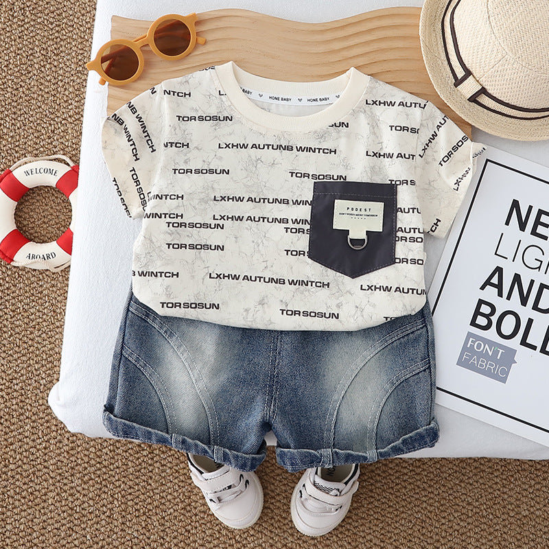 Color blocking pocket round neck top shorts set