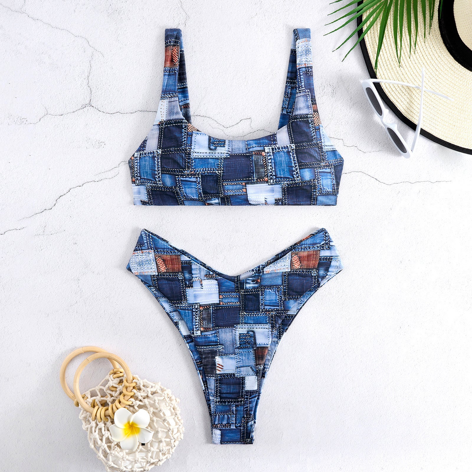 High waisted vest with double-sided denim color bikini