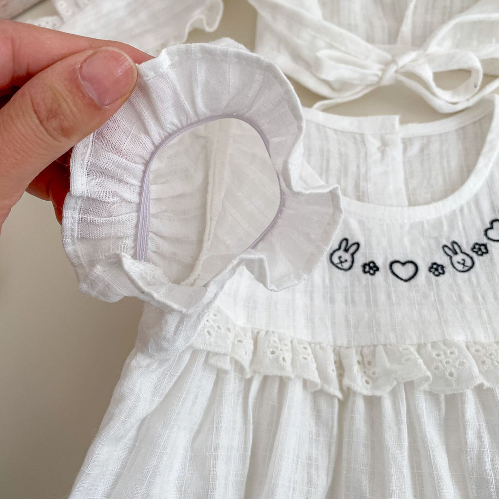Baby Summer Thin Short Sleeve Triangular Romper for Girls with Cute Rabbit Embroidery