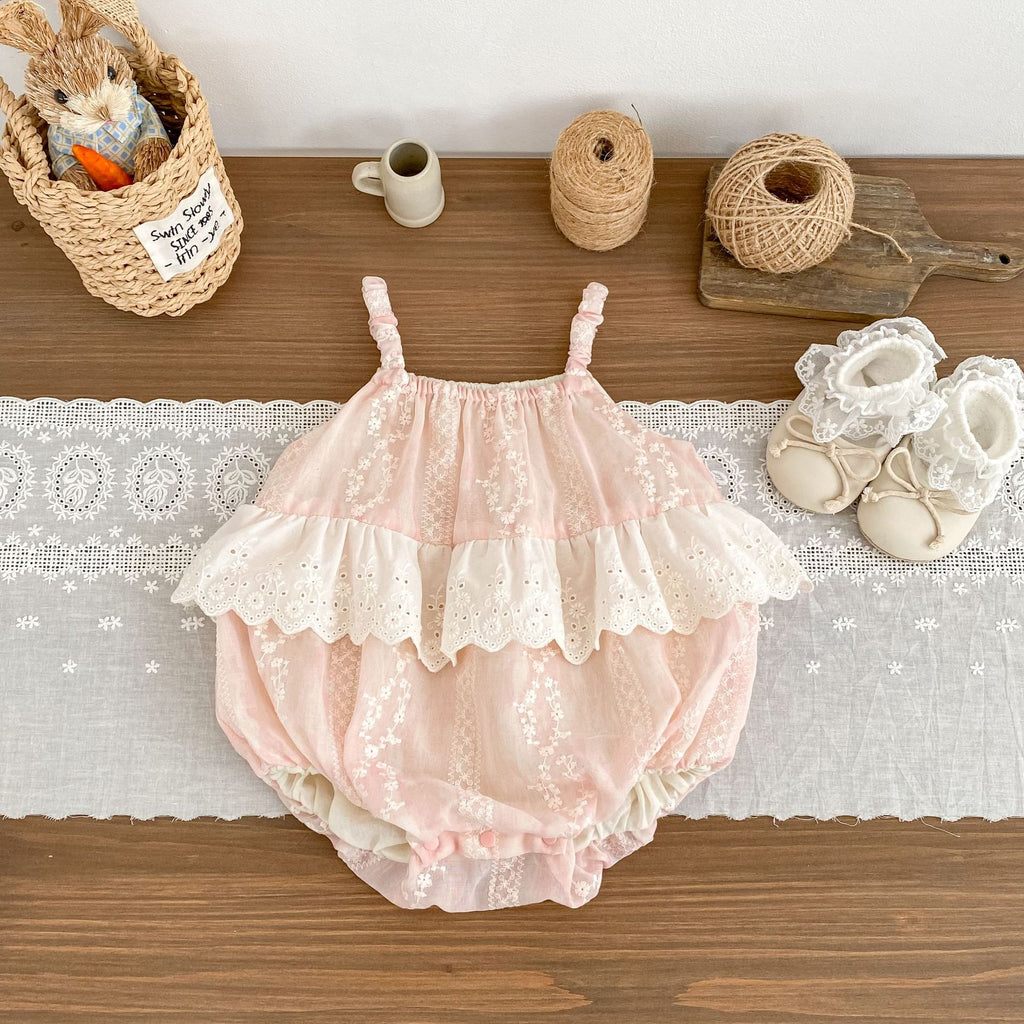 Cute Baby Lace Trim Romper, Embroidered Sleeveless Onesie, Fashionable Summer Outfit for Girls