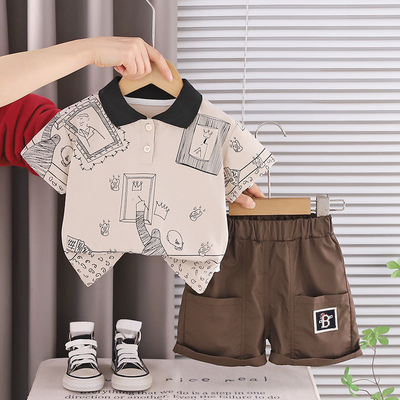 Collar graffiti short sleeved shirt shorts set