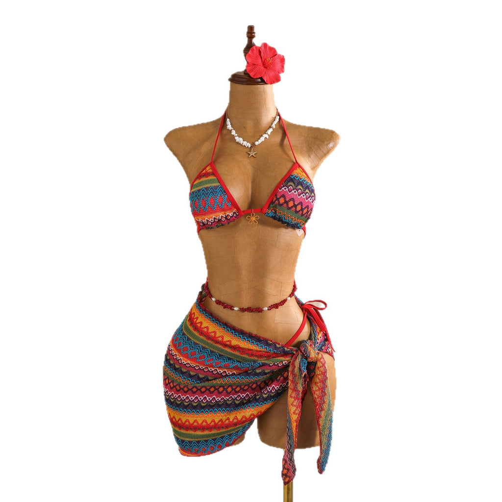 Knitted three piece swimsuit women's neck hanging bikini beach vacation sexy swimsuit