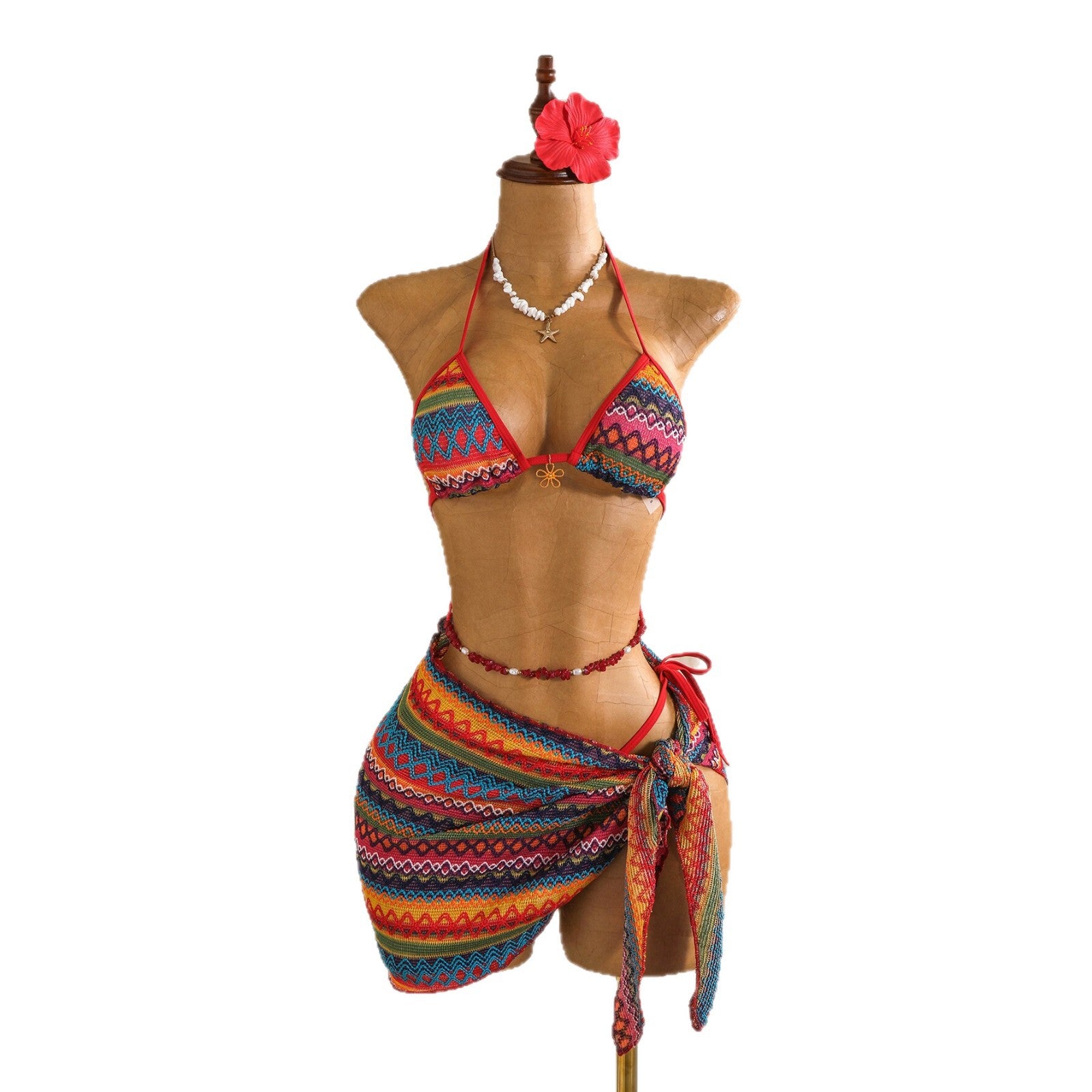 Knitted three piece swimsuit women's neck hanging bikini beach vacation sexy swimsuit
