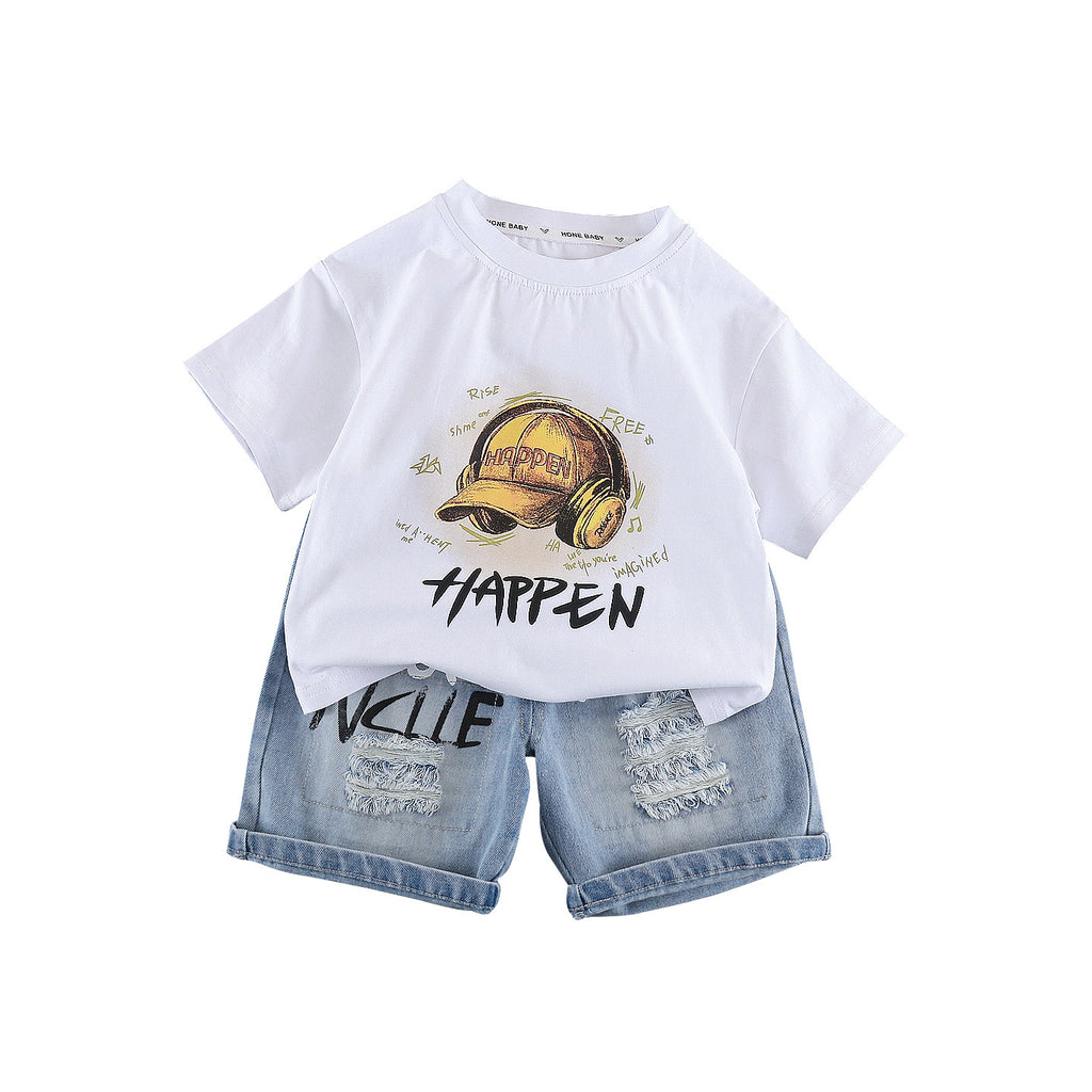 Round neck short sleeved top denim suit