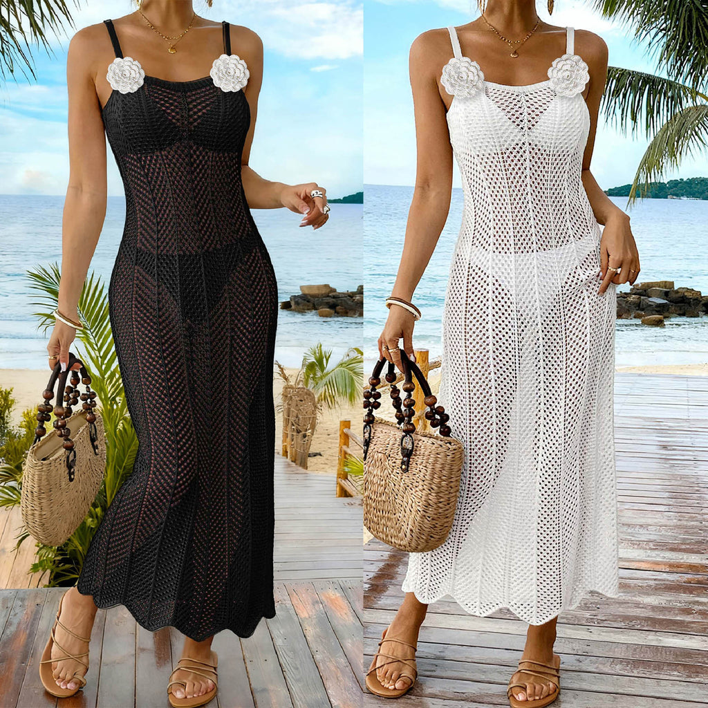 Ladies' Beach Cover-up Long Knit Hollow Out Sexy Fitted Dress with Hand-Crocheted Flower