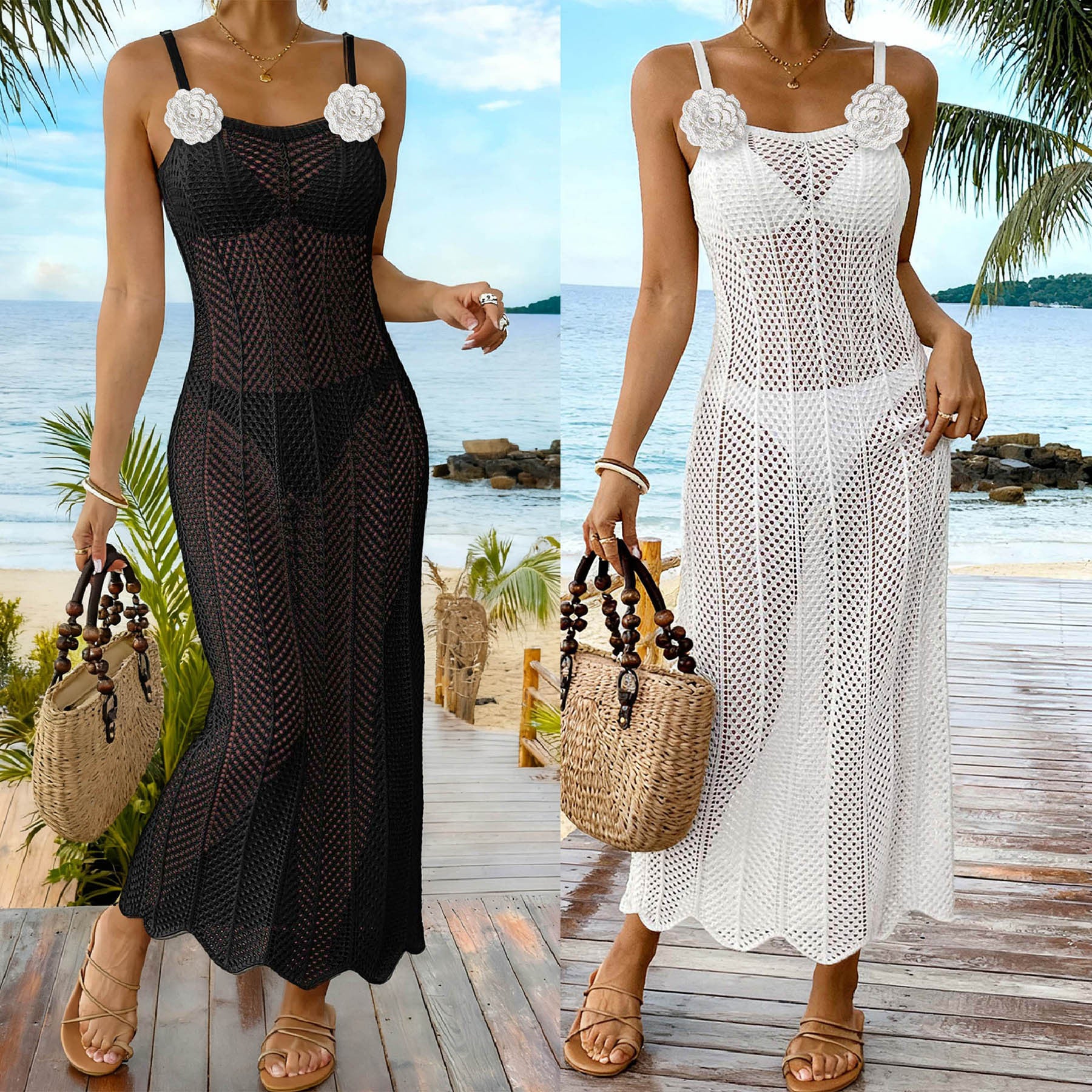 Ladies' Beach Cover-up Long Knit Hollow Out Sexy Fitted Dress with Hand-Crocheted Flower