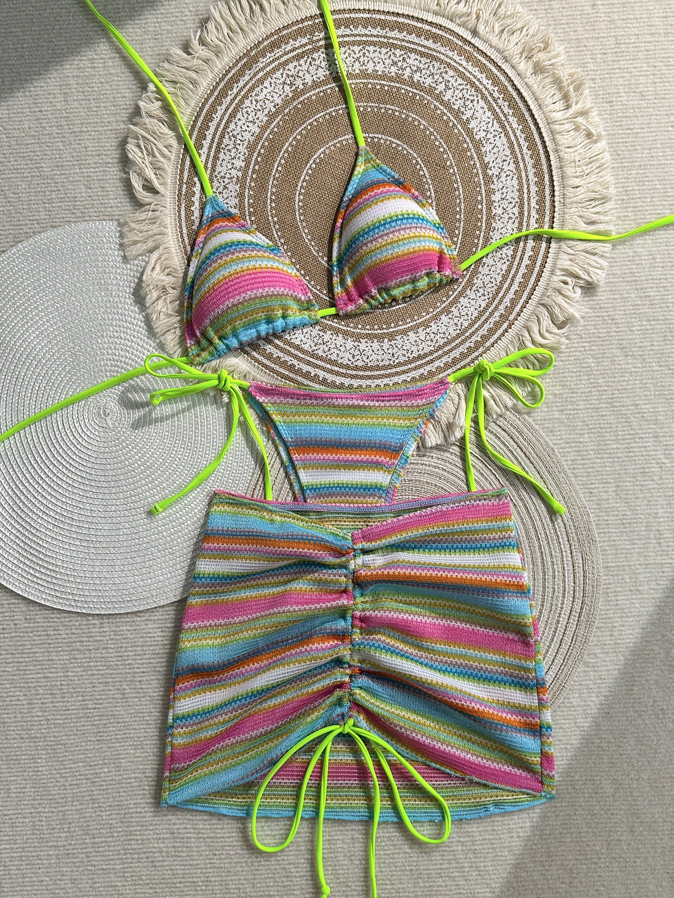 Knitted three piece swimsuit women's striped bikini