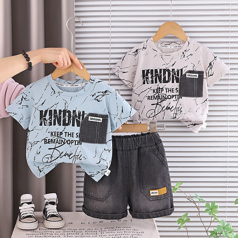 Short sleeved top denim pocket two-piece set