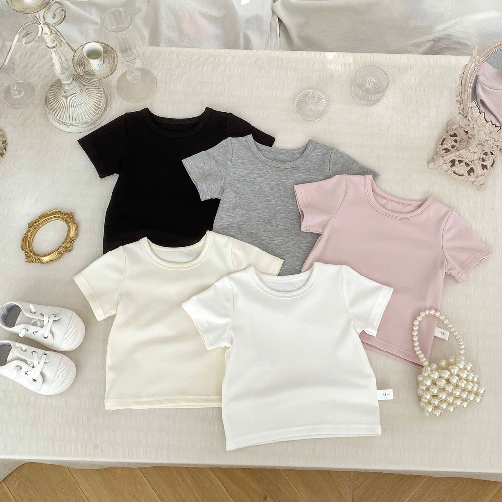 Casual Solid Color Round Neck Short Sleeve T-Shirt for Kids Boys and Girls
