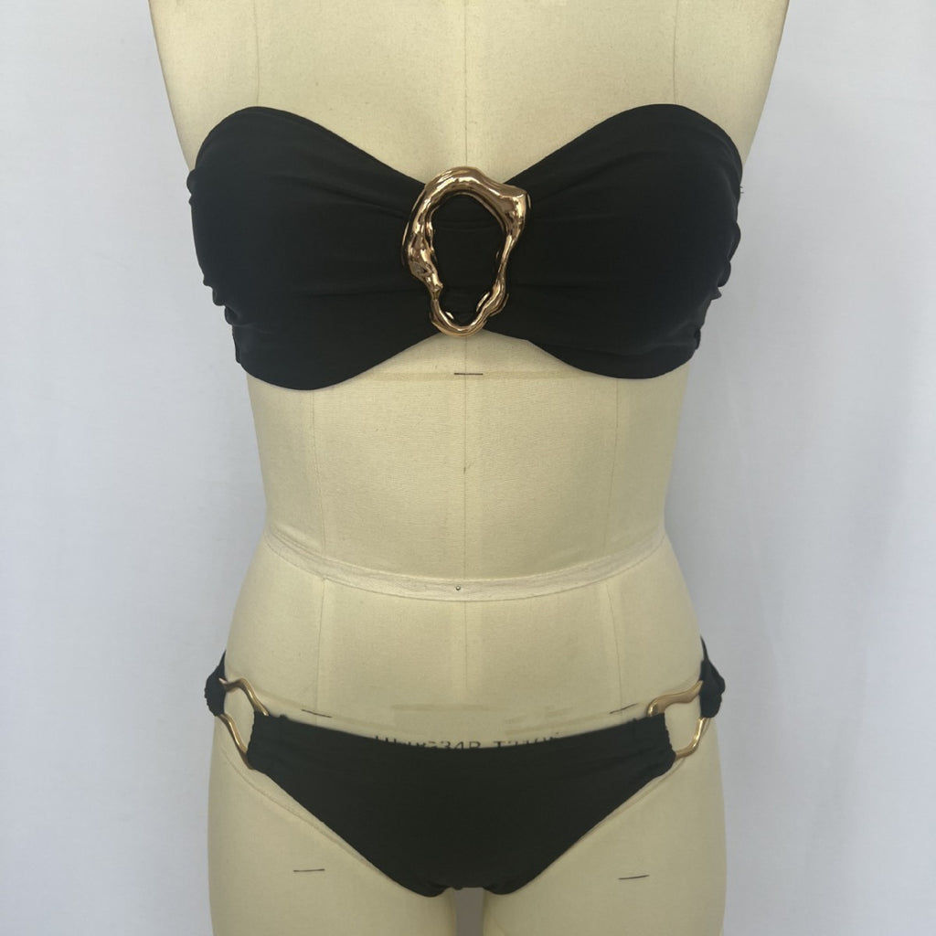 Solid color metal decoration two-piece swimsuit set