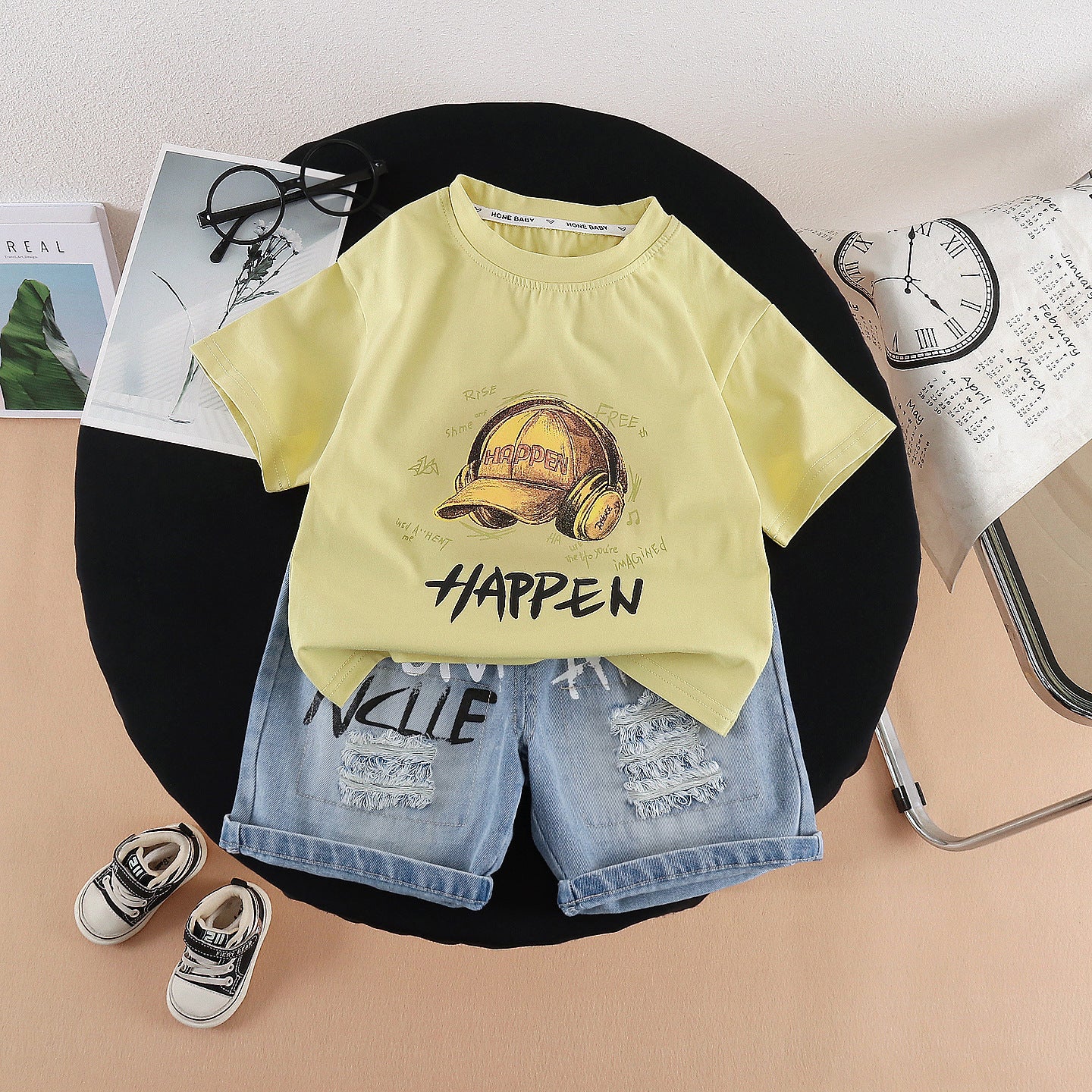 Round neck short sleeved top denim suit