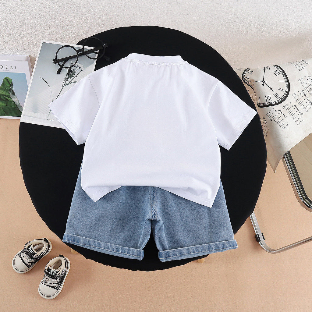 Round neck short sleeved top denim suit