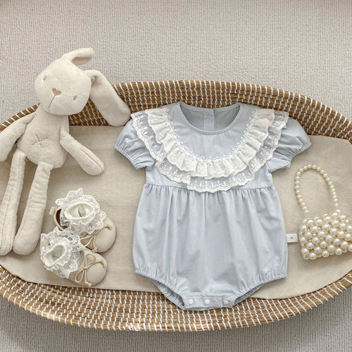 Baby Summer Romper New Style Puff Sleeve Onesie Sweet Lace Bib Overall Girl Baby 100-Day Crawling Outfit