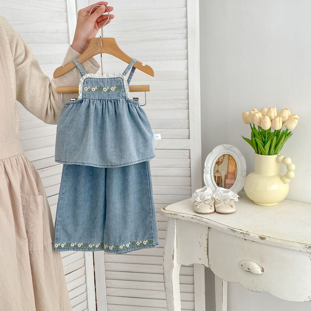 Cute Floral Embroidered Strap Top + Straight Leg Wide Leg Pants Two-Piece Set for Girls Summer Fashion Denim Outfit