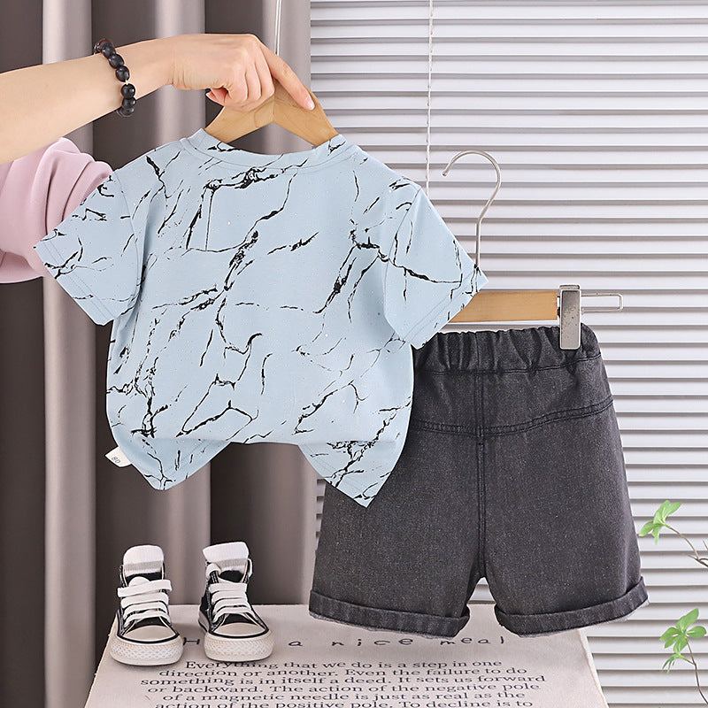 Short sleeved top denim pocket two-piece set
