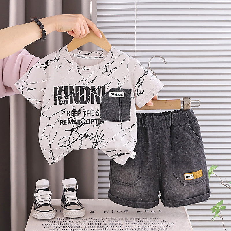 Short sleeved top denim pocket two-piece set