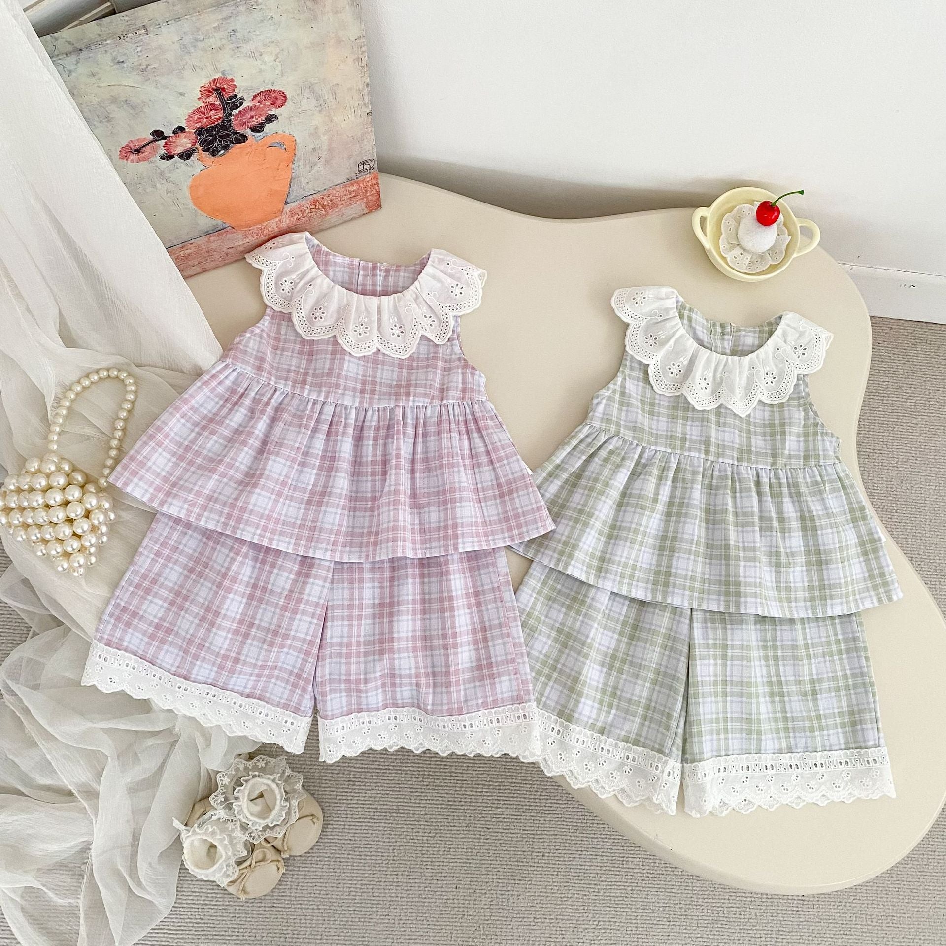 Checkered Ruffled Collar Top with Wide-Leg Pants, Two-Piece Outfit for Toddlers