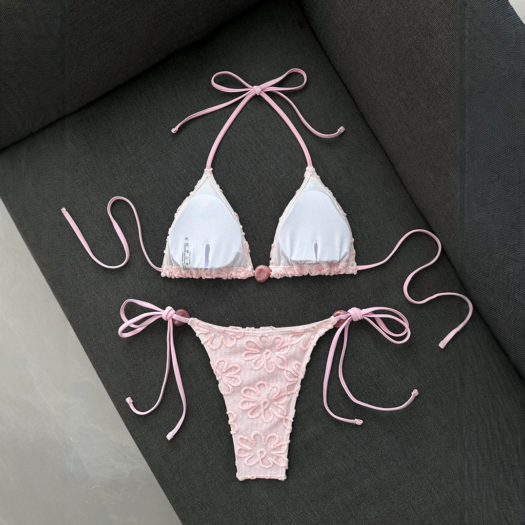 Pink lace bikini women's triangular cup neck strap swimsuit