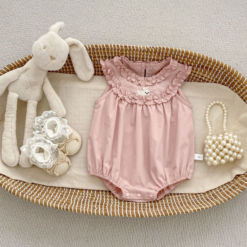 Sleeveless Newborn Romper Lightweight Baby Lace Onesie Girl Bunny Embroidery Crawling Suit