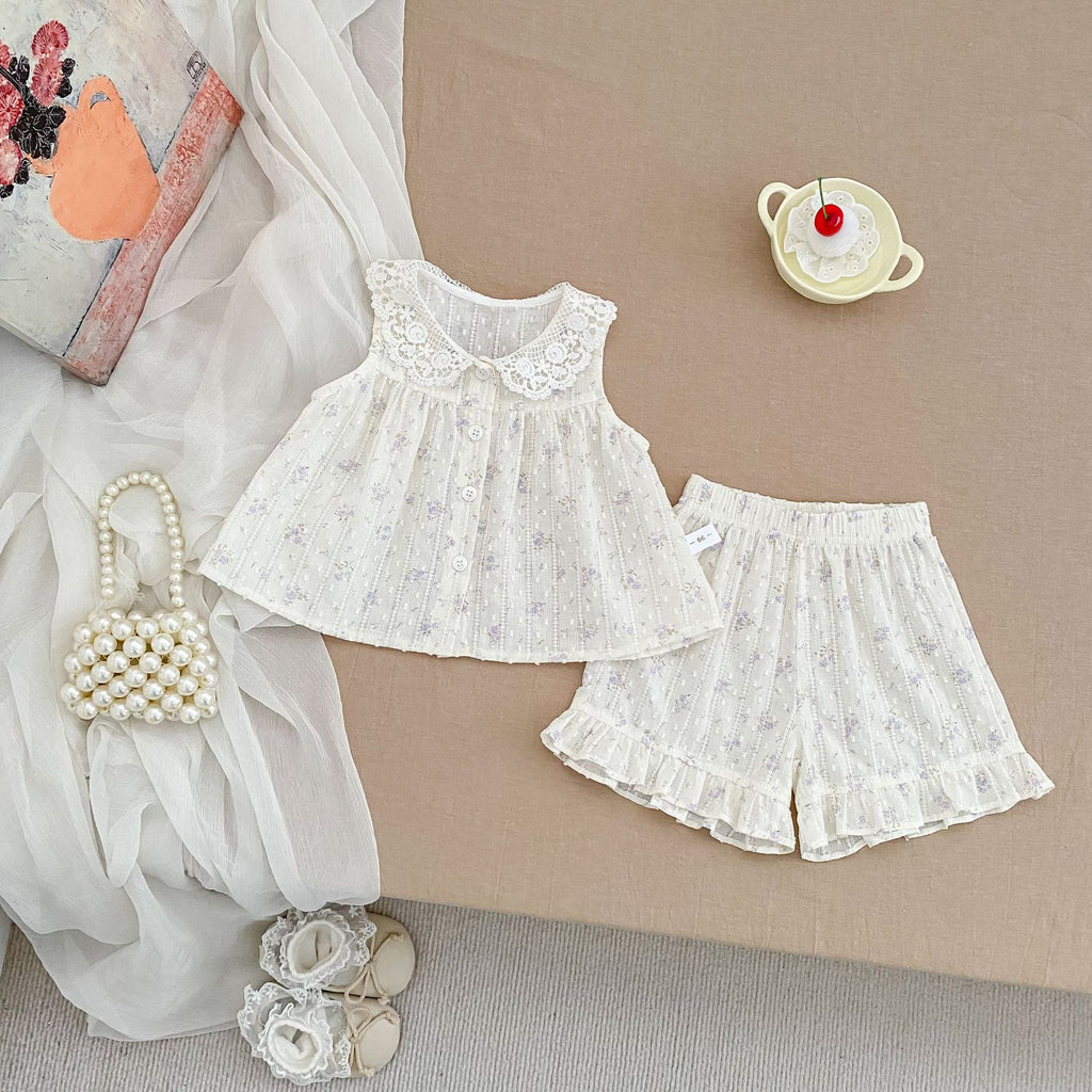Floral Print Set for Girls Summer Lace Collar Baby Doll Shirt Ruffle Shorts Two-Piece Outfit