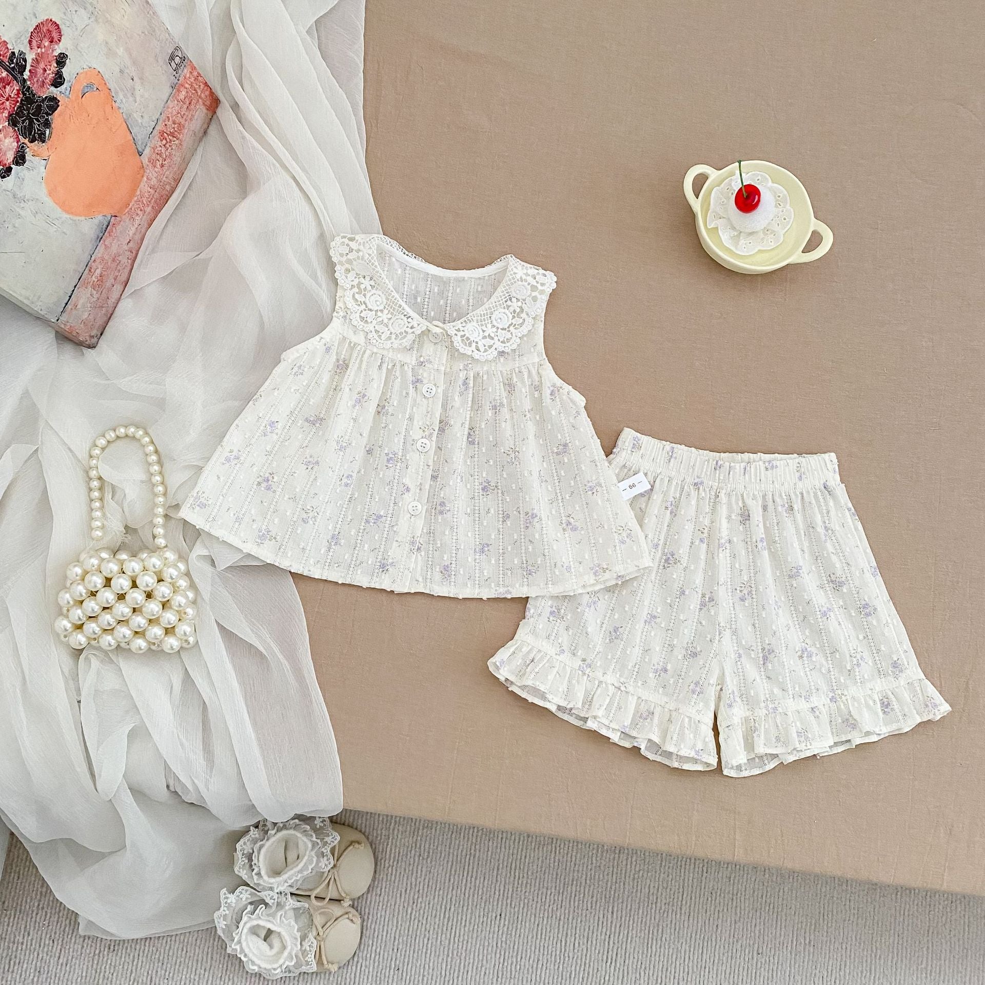 Floral Print Set for Girls Summer Lace Collar Baby Doll Shirt Ruffle Shorts Two-Piece Outfit