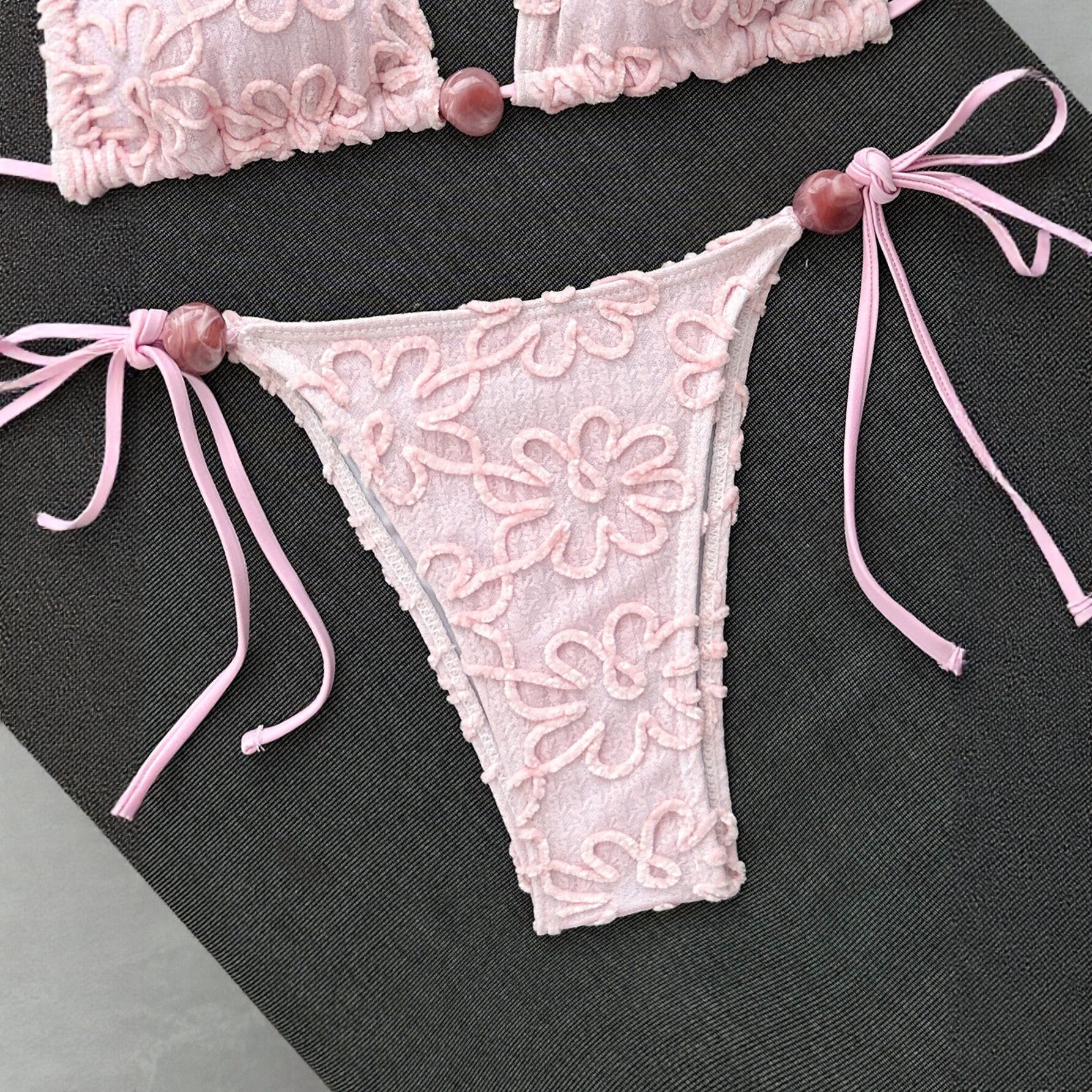 Pink lace bikini women's triangular cup neck strap swimsuit