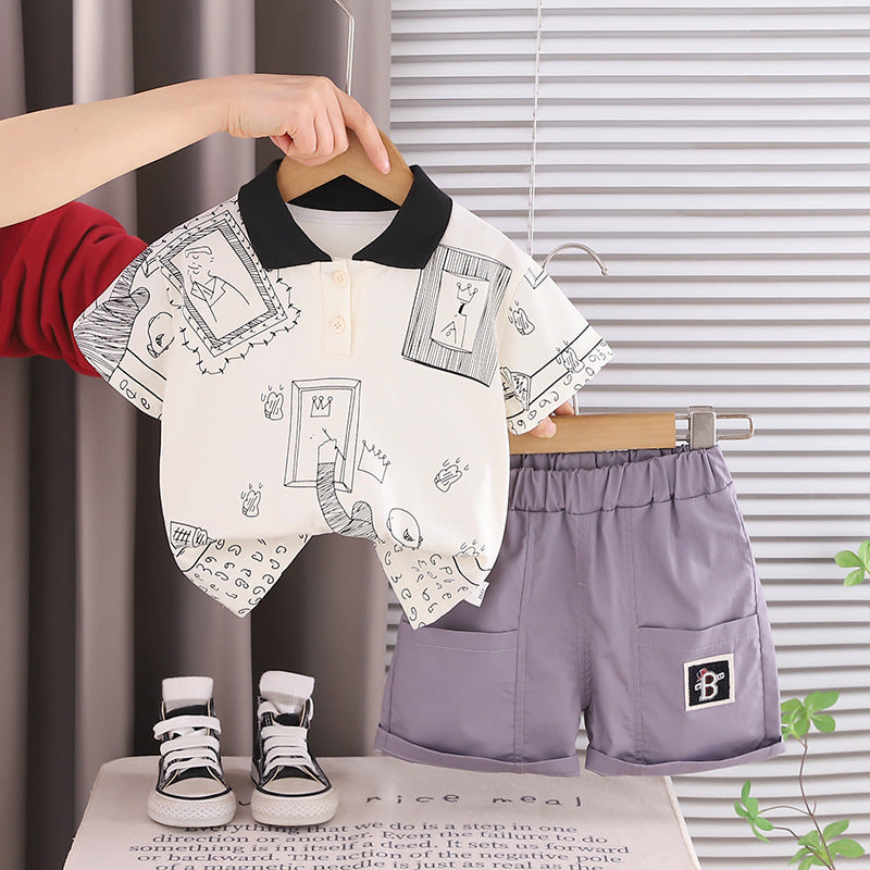 Collar graffiti short sleeved shirt shorts set